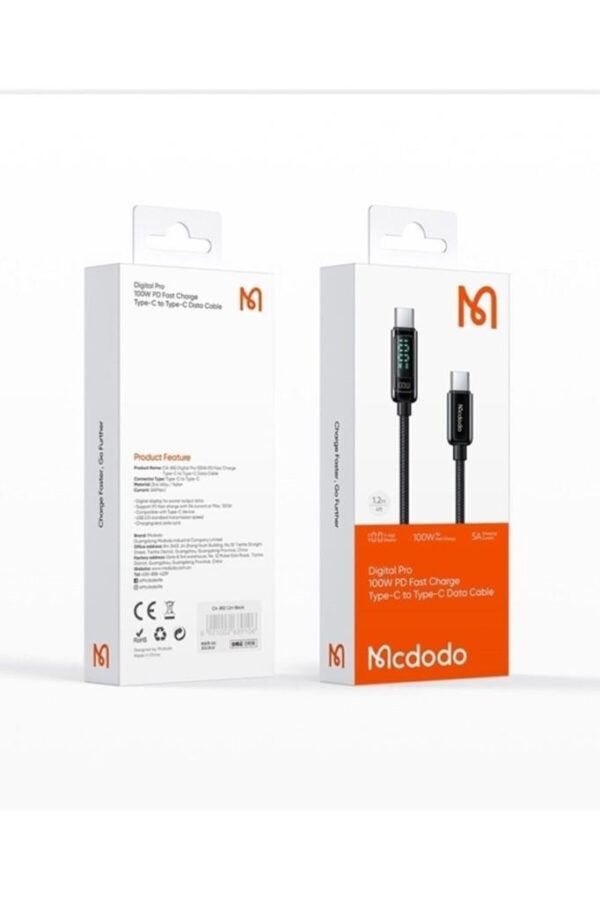 Mcdodo CA-8820 Dijital 100W TypeC TypeC Data Şarj Kablo 1.2Mt Siyah - Görsel 3